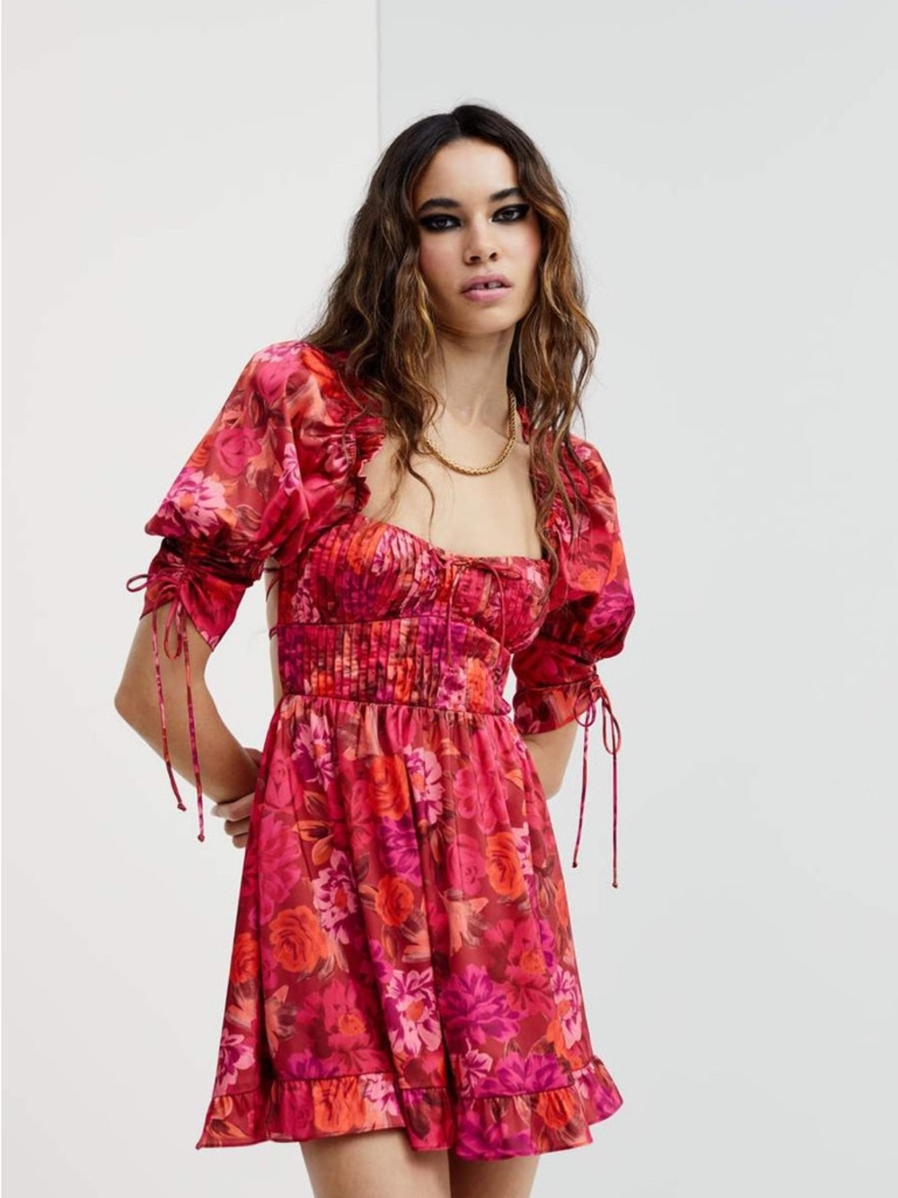 For Love & Lemons Red-Pink Floral Puff-Sleeve Mini Dress